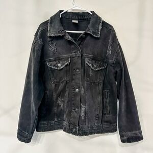 No Boundaries Denim‎ Jean Jacket Womens Sz L 11-13 Black Distressed Grunge